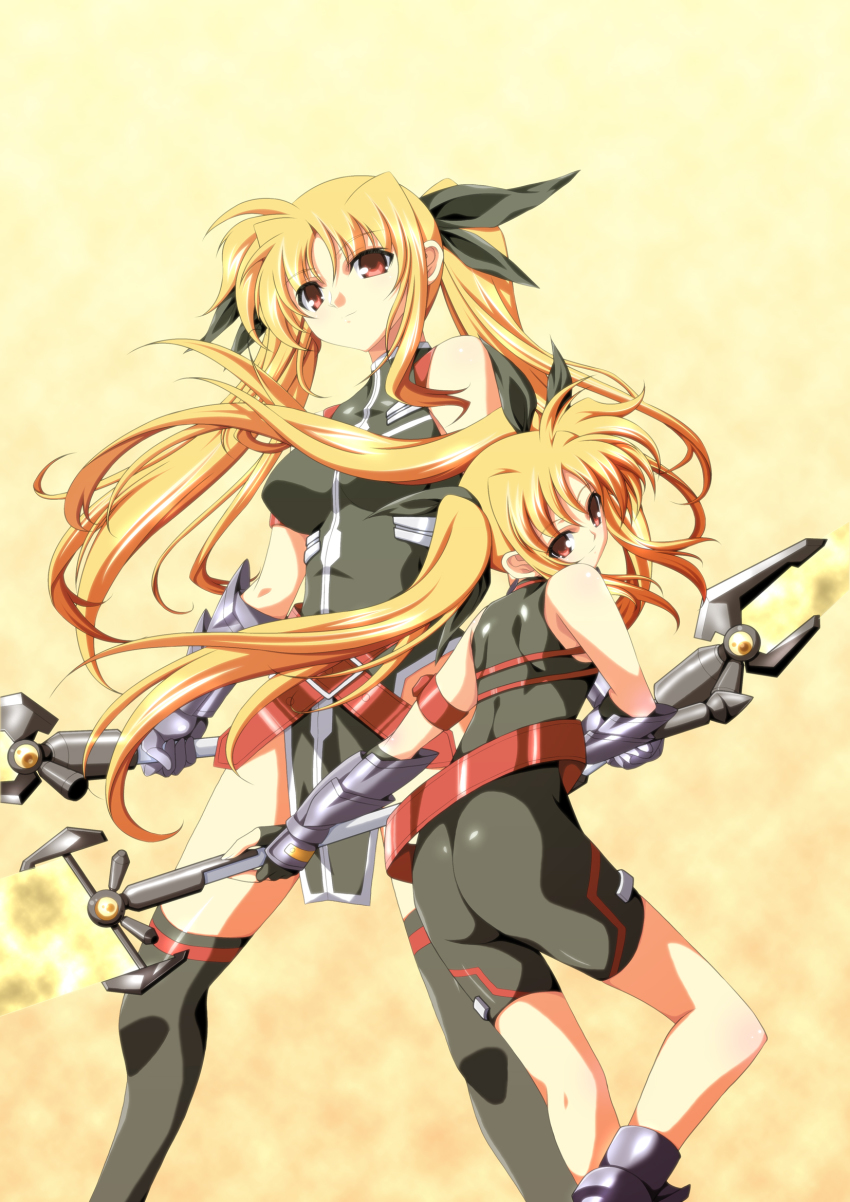 00s, ass, bardiche_(nanoha), bardiche_(riot_zanber_stinger)_(nanoha), bardiche_(zanber_form)_(nanoha), bare_shoulders, blonde_hair, energy_sword