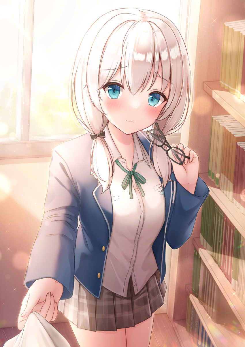 1girl, absurdres, ars_almal, ars_almal_(4th_costume), backlighting, black-framed_eyewear, blazer, blue_eyes