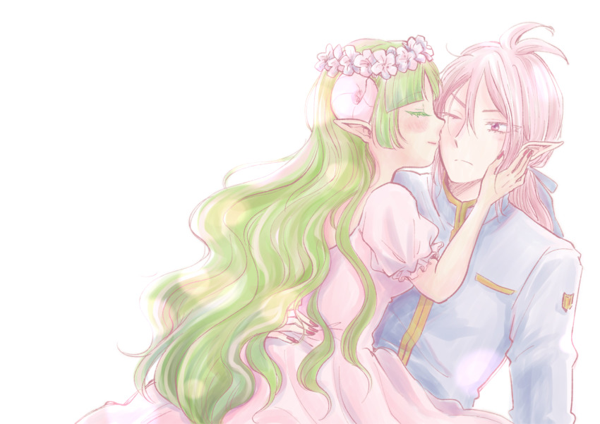 1boy, 1girl, asmodeus_alice, curled_horns, dress, green_hair, hachicoro93, head_wreath