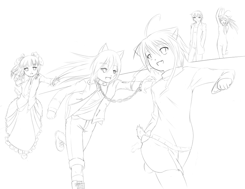 animal_ears, food, fruit, kotarou_(wanko), mandarin_orange, mikan_(wanko), monochrome, oumi_risa