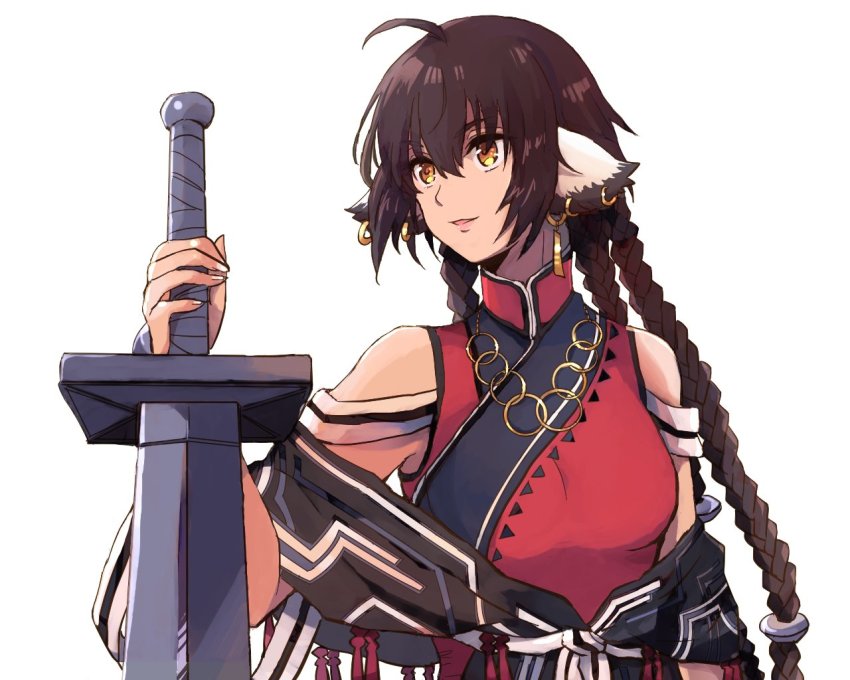 1girl, absurdly_long_hair, aged_up, ahoge, animal_ears, anju_(utawarerumono), aquaplus, braid, breasts, brown_hair, earrings, gold, greatsword, hair_between_eyes, hair_ornament, holding, holding_sword, holding_weapon, jewelry, lips, long_hair, looking_to_the_side, medium_breasts, necklace, open_mouth, orange_eyes, sidelocks, solo, sword, twchewp, upper_body, utawarerumono, utawarerumono:_itsuwari_no_kamen, utawarerumono:_lost_flag, very_long_hair, weapon