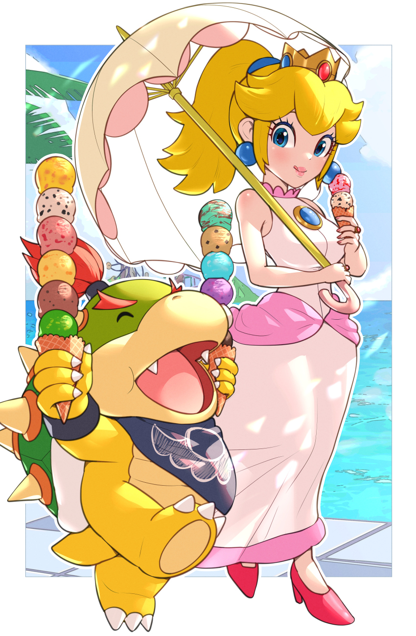 1boy, 1girl, ^_^, absurdres, beach, beach_umbrella, blonde_hair, blue_eyes