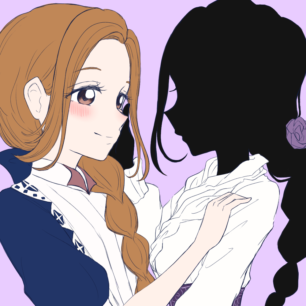 2girls, blush, braid, braided_ponytail, brown_eyes, brown_hair, closed_mouth, flower