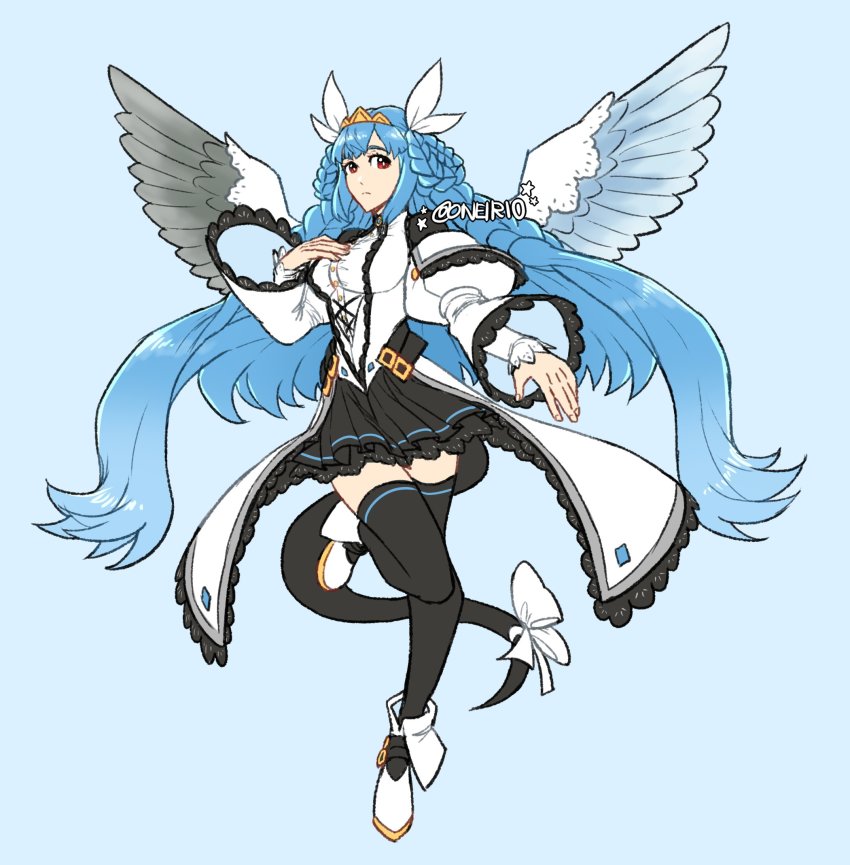 1girl, alternate_costume, asymmetrical_wings, blue_hair, braid, dizzy_(guilty_gear), guilty_gear, highres, long_hair, long_sleeves, oneirio, pleated_skirt, skirt, tail, tail_ornament, thighhighs, tiara, very_long_hair, wings, zettai_ryouiki