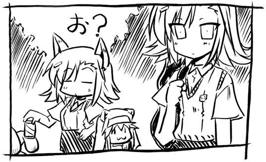 00s, 3girls, ?, akari_ryuryuwa, animal_ears, greyscale, index_(toaru_majutsu_no_index), misaka_imouto