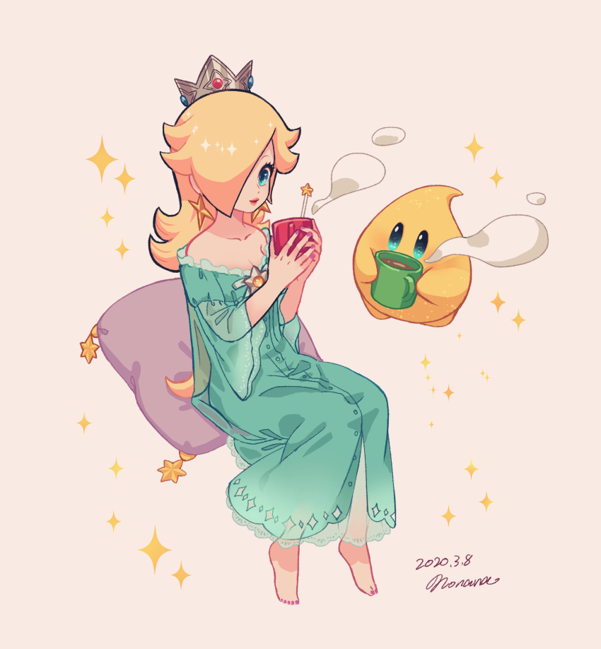 1girl, aqua_nightgown, blonde_hair, blue_eyes, collarbone, crown, cup, dress