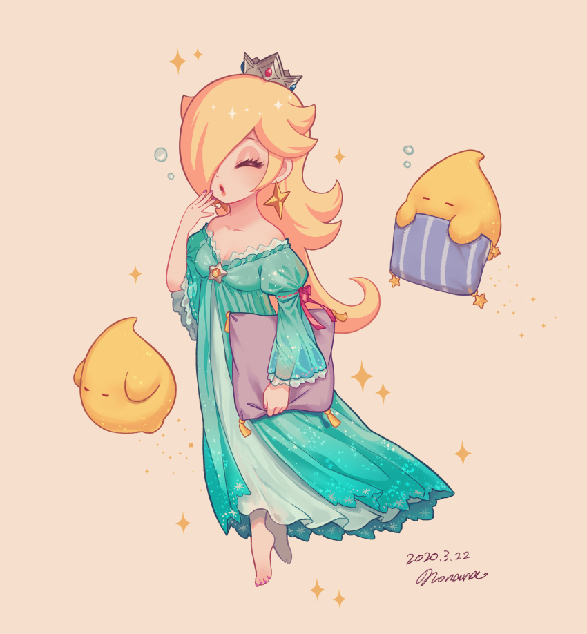 1girl, aqua_nightgown, blonde_hair, bubble, closed_eyes, collarbone, crown, dress