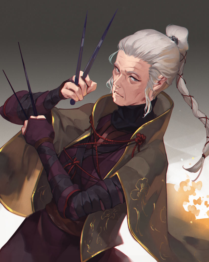 1girl, black_hair, brown_background, brown_cape, cape, closed_mouth, cowboy_shot, dutch_angle