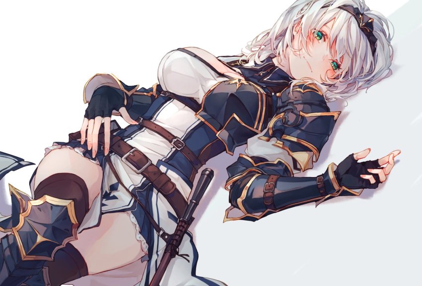 1girl, armor, armored_boots, belt, black_gloves, black_thighhighs, blue_skirt, blush