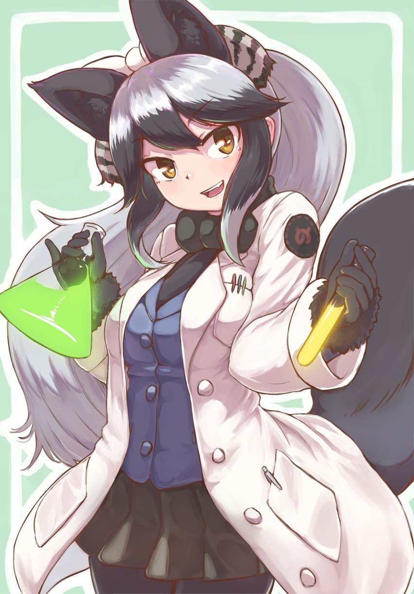 1girl, animal_ears, black_fur, black_gloves, black_hair, black_neckwear, black_pantyhose, black_skirt, blue_coat, bow, bowtie, coat, commentary_request, cosplay, cowboy_shot, erlenmeyer_flask, extra_ears, flask, fox_ears, fox_girl, fox_tail, fur_trim, gloves, grey_hair, highres, japari_symbol, kako_(kemono_friends), kako_(kemono_friends)_(cosplay), kemono_friends, lab_coat, long_hair, multicolored_hair, necktie, no_pants, okyao, pantyhose, pleated_skirt, silver_fox_(kemono_friends), skirt, solo, tail, test_tube, white_coat, yellow_eyes