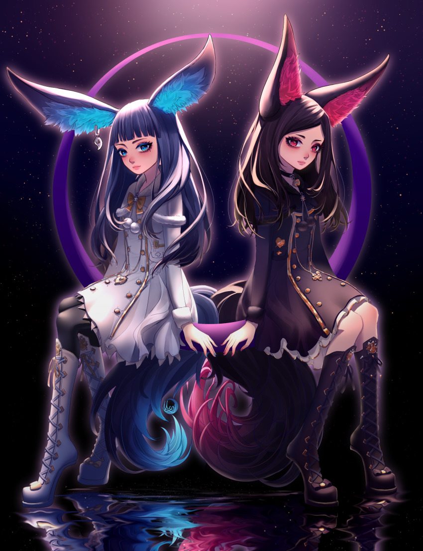 2girls, 713meng, absurdres, animal_ear_fluff, animal_ears, back-to-back, black_dress, black_footwear, black_hair, black_legwear, blade_&amp;_soul, blue_eyes, boots, digitigrade, dress, earrings, fox_ears, fox_girl, fox_tail, full_body, highres, huge_filesize, jewelry, knee_boots, long_hair, lyn_(blade_&amp;_soul), multiple_girls, pantyhose, red_eyes, reflection, silver_hair, single_earring, slit_pupils, tail, water, white_dress, white_footwear