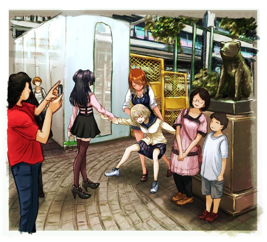 1boy, 6+girls, absurdres, bag, beetle, black_hair, blonde_hair, bow