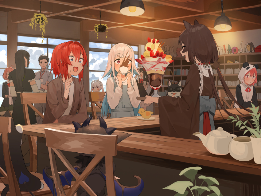 2boys, 6+girls, ange_katrina, animal_ears, animal_hood, apron, apron_lift, black_hair, blunt_bangs, blush, blush_stickers, book, brown_hair, chair, clothes_lift, cloud, collared_shirt, commentary_request, counter, crossed_arms, cup, debidebi_debiru, demon_horns, dog, dress, food, frilled_apron, frilled_dress, frills, hair_intakes, hair_ornament, hanabatake_chaika, hanging_light, hanging_plant, highres, holding, holding_cup, holding_tray, honma_himawari, hood, horns, ice_cream, indoors, inui_toko, kuroi_shiba, lanyard, lize_helesta, long_hair, low_twintails, maid_headdress, multiple_boys, multiple_girls, nijisanji, open_mouth, panda_hood, plant, plate, pointy_ears, potted_plant, red_eyes, red_hair, roto_(kanae), sasaki_saku, sasaki_saku_(1st_costume), sebastian_piyodore, sen_(sennosenn1127), shelf, shiba_inu, shiina_yuika, shirt, short_hair, sitting, smile, spit_take, spitting, stuffed_animal, stuffed_toy, sundae, sunglasses, sweatdrop, table, tail, teacup, teapot, tray, twintails, virtual_youtuber, white_hair, white_shirt, wide_sleeves, window, wings, wooden_chair, yashiro_kizuku, yorumi_rena