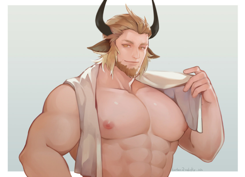 1boy, abs, alternate_pectoral_size, animal_ears, arknights, bara, bare_pectorals, beard