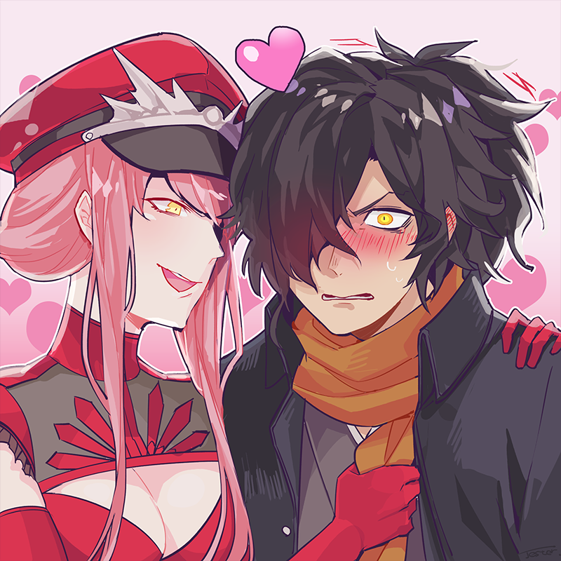 1boy, 1girl, alternate_hairstyle, black_coat, black_hair, blush, breasts, cleavage, coat, elbow_gloves, fate/grand_order, fate_(series), gloves, gradient_background, hair_over_one_eye, hand_on_another's_shoulder, hat, heart, heart_background, high_ponytail, jest_ht90, looking_at_another, looking_at_viewer, medb_(alluring_chief_warden_look)_(fate), medb_(fate), medium_breasts, messy_hair, nervous, okada_izou_(fate), orange_scarf, peaked_cap, pink_background, pink_hair, ponytail, red_gloves, red_headwear, scarf, short_hair, sidelocks, smile, sweat, upper_body, wide-eyed, yellow_eyes