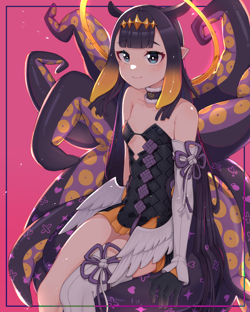 1girl, absurdres, animal_ears, bare_shoulders, black_dress, black_gloves, blue_eyes, blunt_bangs