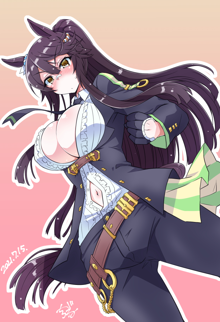 1girl, animal_ears, bandaid, bandaid_on_face, bandaid_on_nose, belt, black_gloves, black_jacket, breasts, clenched_hand, cosplay, dated, fuji_kiseki_(shooting_star_revue)_(umamusume), fuji_kiseki_(umamusume), fuji_kiseki_(umamusume)_(cosplay), gloves, gradient_background, horse_ears, horse_girl, horse_tail, jacket, large_breasts, narita_brian_(umamusume), navel, open_clothes, open_shirt, pants, ponytail, shirogane_(cufsser), signature, tail, umamusume