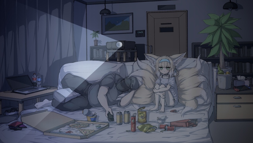 1girl, 1other, animal_ears, arknights, bed, blue_hairband, book, bookshelf, can, chips_(food), commentary_request, computer, doctor_(arknights), drink_can, food, fox_ears, fox_girl, fox_tail, game_console, glass_bottle, grey_shirt, hairband, helmet, highres, hugging_another's_tail, hugging_tail, indoors, jokebag, laptop, large_ears, lying, material_growth, movie_projector, multiple_tails, nintendo_switch, on_bed, on_side, oripathy_lesion_(arknights), pillow, pizza, pizza_box, plant, platinum_blonde_hair, potted_plant, shirt, sitting, snack, soda_can, suzuran_(arknights), tail, tissue_box