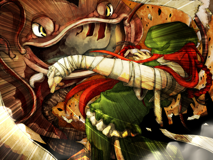 1girl, back, bad_id, bad_pixiv_id, bandages, battle, catfish, female_focus