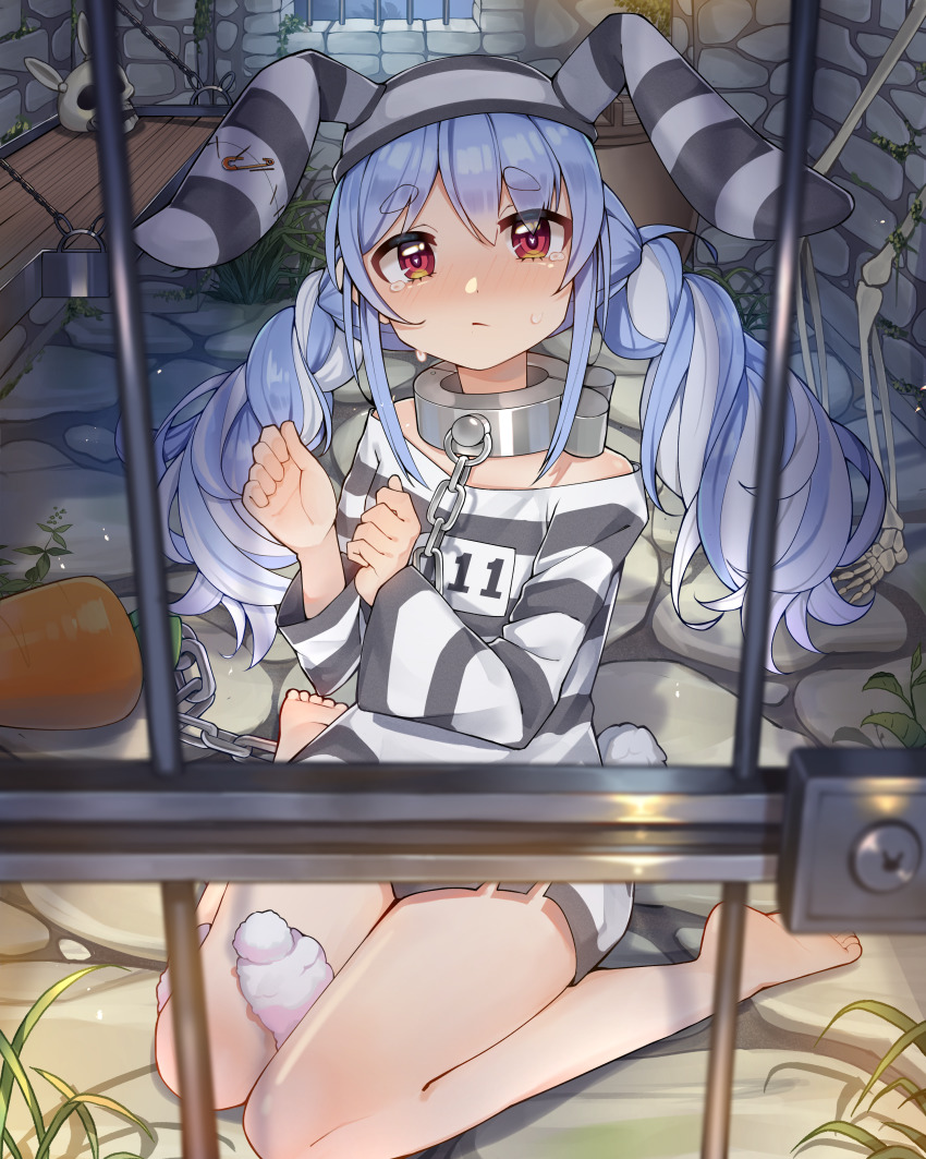 1girl, absurdres, animal_ears, bare_legs, barefoot, bench, black_shirt, blue_hair, blush, breasts, carrot, chain, closed_mouth, collar, commentary, crying, crying_with_eyes_open, don-chan_(usada_pekora), drill_hair, ears_down, english_commentary, eyes_visible_through_hair, frown, full_body, hair_between_eyes, hat, highres, hololive, indoors, libratul, light_blue_hair, long_hair, looking_at_viewer, multicolored_hair, off-shoulder_shirt, off_shoulder, official_alternate_costume, prison, prison_cell, prison_clothes, rabbit_ears, rabbit_girl, rabbit_tail, red_eyes, sad, shirt, sitting, skeleton, skull, small_breasts, soles, solo, stone_floor, stone_wall, streaked_hair, striped_clothes, striped_headwear, striped_shirt, tail, tears, thick_eyebrows, thighs, twin_drills, twintails, two-tone_hair, two-tone_shirt, usada_pekora, usada_pekora_(prisoner), virtual_youtuber, wall, wariza, white_hair, white_shirt