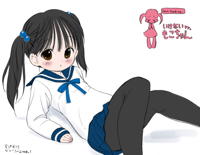 1girl, artist_name, black_pantyhose, blush, chibisuke_machine, female_focus, hair_bobbles, hair_ornament, pantyhose, school_uniform, serafuku, solo, twintails, white_background