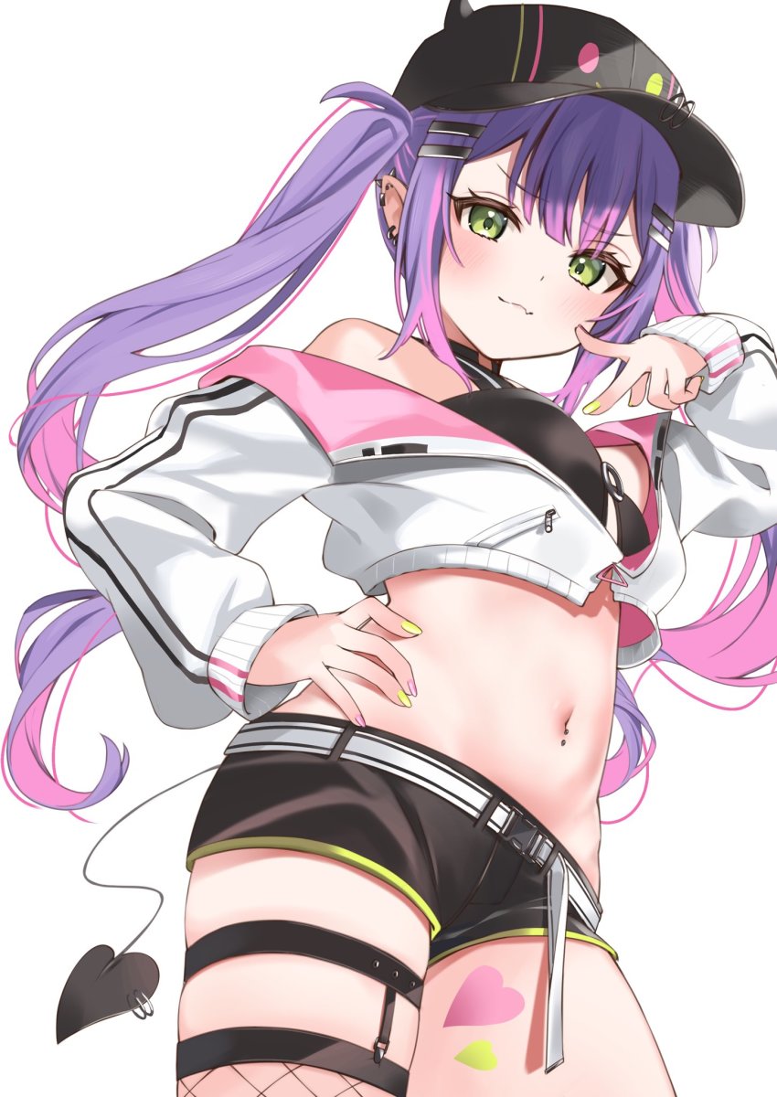 1girl, asymmetrical_legwear, bare_shoulders, baseball_cap, belt, black_choker, black_hat, black_shorts