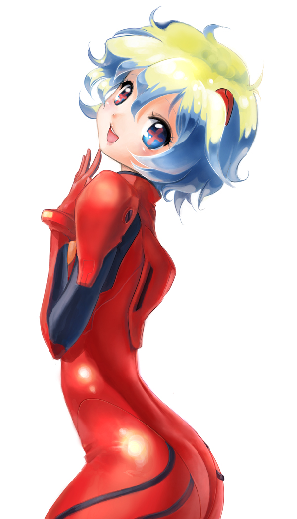 +_+, 1girl, alternate_costume, ass, bad_id, bad_pixiv_id, blonde_hair, blue_eyes, blue_hair, bodysuit, bracer, breasts, cosplay, cowboy_shot, cross-shaped_pupils, female_focus, gloves, hair_between_eyes, hair_ornament, head_tilt, lips, looking_at_viewer, looking_back, matching_hair/eyes, mecha_pilot_suit, multicolored_hair, neon_genesis_evangelion, nia_teppelin, norapeko, open_mouth, plugsuit_(cosplay), plugsuit_(evangelion), short_hair, simple_background, skin_tight, skinny, small_breasts, smile, solo, soraku, souryuu_asuka_langley, souryuu_asuka_langley_(cosplay), symbol-shaped_pupils, teeth, tengen_toppa_gurren_lagann, tongue, turtleneck, two-tone_hair, wavy_hair, white_background