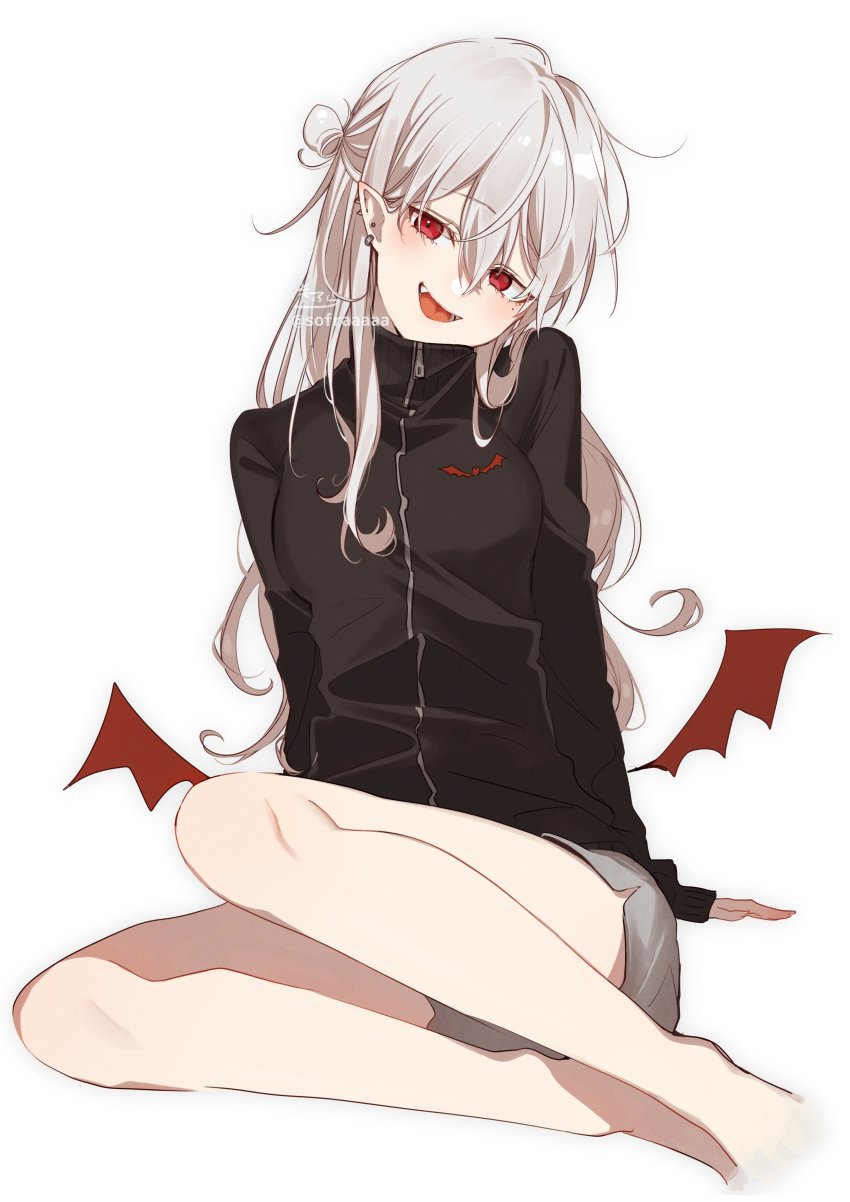 1girl, :d, absurdres, barefoot, bat_wings, black_jacket, breasts, commentary_request, earrings, fang, feet_out_of_frame, genderswap, genderswap_(mtf), grey_hair, grey_shorts, hair_between_eyes, hair_bun, head_tilt, highres, jacket, jewelry, kuzuha_(1st_costume)_(nijisanji), kuzuha_(nijisanji), long_hair, long_sleeves, looking_at_viewer, low_wings, mini_wings, nijisanji, open_mouth, pointy_ears, red_eyes, red_wings, short_shorts, shorts, side_bun, signature, simple_background, single_hair_bun, single_side_bun, sleeves_past_wrists, small_breasts, smile, sofra, solo, track_jacket, twitter_username, very_long_hair, virtual_youtuber, white_background, wings