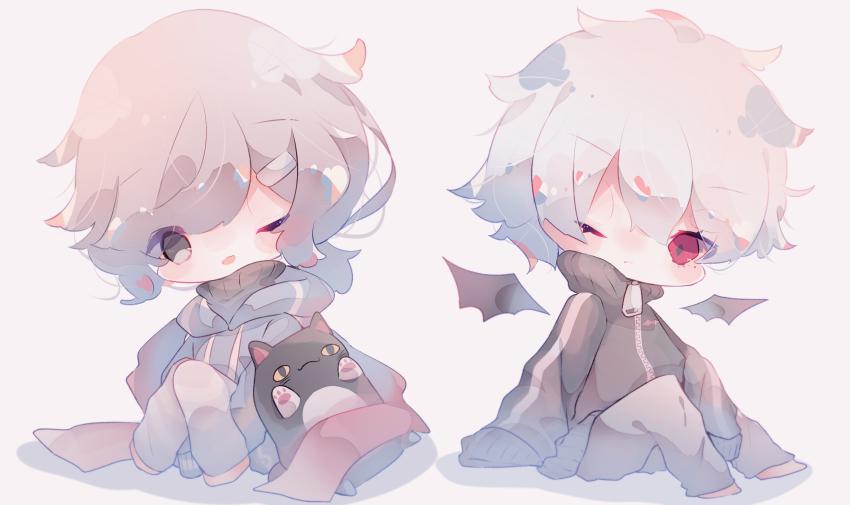 2boys, black_jacket, black_sweater, black_wings, blue_hoodie, blush, brown_hair, chibi