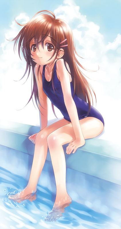 1girl, arm_support, barefoot, blush, brown_eyes, brown_hair, child, cloud