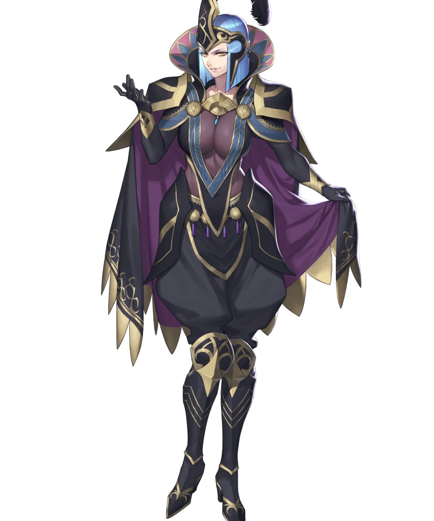 1girl, arete_(fire_emblem), blue_hair, bodystocking, boots, breasts, fire_emblem, fire_emblem_fates, fire_emblem_heroes, full_body, gloves, gold_trim, hair_ornament, high_heel_boots, high_heels, highres, knee_boots, large_breasts, long_sleeves, nintendo, official_art, pants, short_hair, solo, transparent_background, yellow_eyes