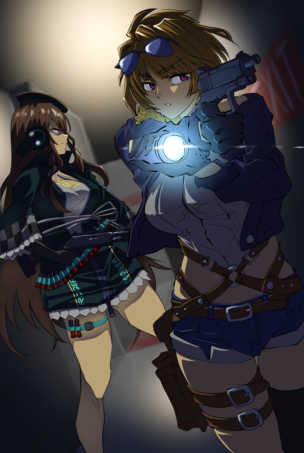 12-gauge, 2girls, ammunition, benelli_armi_spa, benelli_m4_super_90, breasts, brown_hair, eyewear_on_head