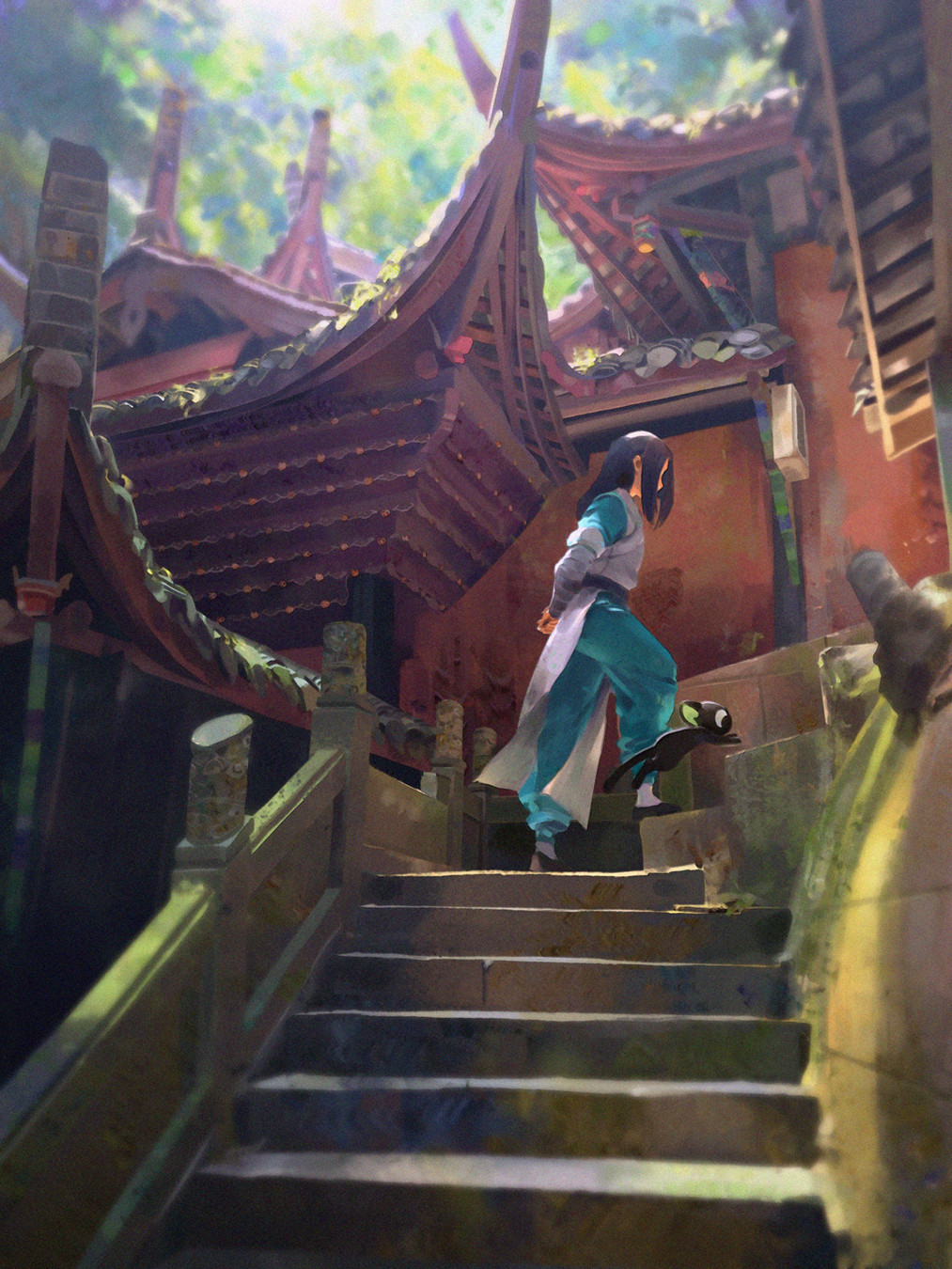 2boys, black_cat, black_hair, building, cat, chenalii, day, highres