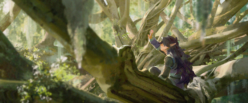 1boy, arm_up, black_hair, chenalii, day, fengxi_(the_legend_of_luo_xiaohei), highres, leaf