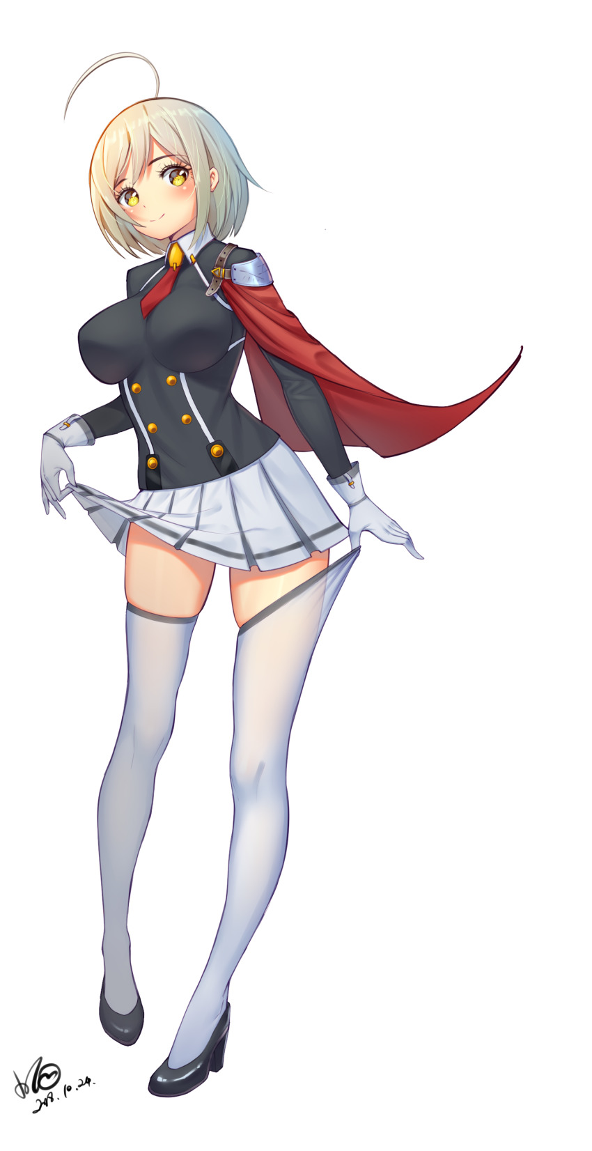 1girl, absurdres, ahoge, black_footwear, blazblue, blazblue_alternative:_dark_war, blonde_hair, blush, breasts, ciel_sulfur, clothes_pull, collared_shirt, dated, gloves, highres, large_breasts, necktie, pleated_skirt, red_neckwear, see-through_clothes, shirt, short_hair, skindentation, skirt, skirt_pull, smile, thighhighs, thighhighs_pull, transparent_background, white_background, white_gloves, white_skirt, xiaoxi0619, yellow_eyes