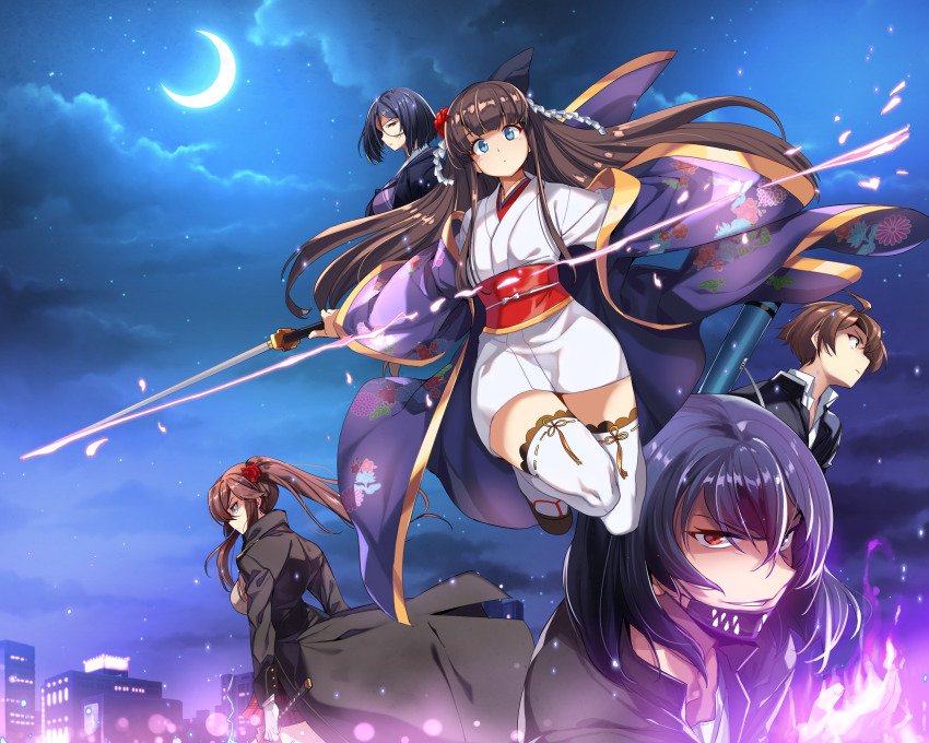 2boys, 3girls, black_hair, counter:side, ddolggol, hayami_sanae, highres, japanese_clothes