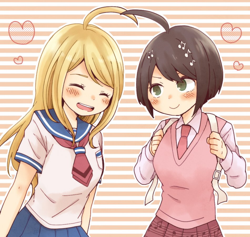 2girls, :d, ahoge, akamatsu_kaede, akamatsu_kaede_(cosplay), backpack, bag, blonde_hair