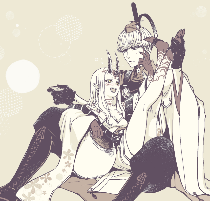 blush, boots, breasts, cross-laced_footwear, cup, earrings, expressionless, facial_hair