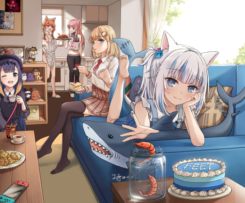 5girls, absurdres, animal_ears, apron, blonde_hair, bloop_(gawr_gura), blue_hair, bubba_(watson_amelia), cake, chopsticks, closed_mouth, commentary, cookie, couch, cup, instant_cup_noodles, curtains, dated, death-sensei_(mori_calliope), feet, feet_up, fins, fish_tail, food, gawr_gura, gawr_gura_(casual), hair_ornament, hand_on_own_hip, headpiece, highres, holding, holding_cup, holding_spoon, hololive, hololive_english, huge_filesize, instant_noodles, kitchen, kotori_(takanashi_kiara), midriff, mori_calliope, mori_calliope_(streetwear), multicolored_hair, multiple_girls, naked_apron, navel, ninomae_ina'nis, ninomae_ina'nis_(casual), nintendo_switch, on_couch, one_eye_closed, orange_hair, parted_lips, pillow, pink_hair, purple_hair, shadow, shark, shark_tail, shrimp, signature, sitting, slippers, smol_ame, soles, spoon, streaked_hair, tail, takanashi_kiara, takodachi_(ninomae_ina'nis), tentacle_hair, thighhighs, toes, turkey_(food), virtual_youtuber, walfie_(style), watson_amelia, watson_amelia_(1st_costume), white_hair, youtube_creator_award, zeng$_(zwj)