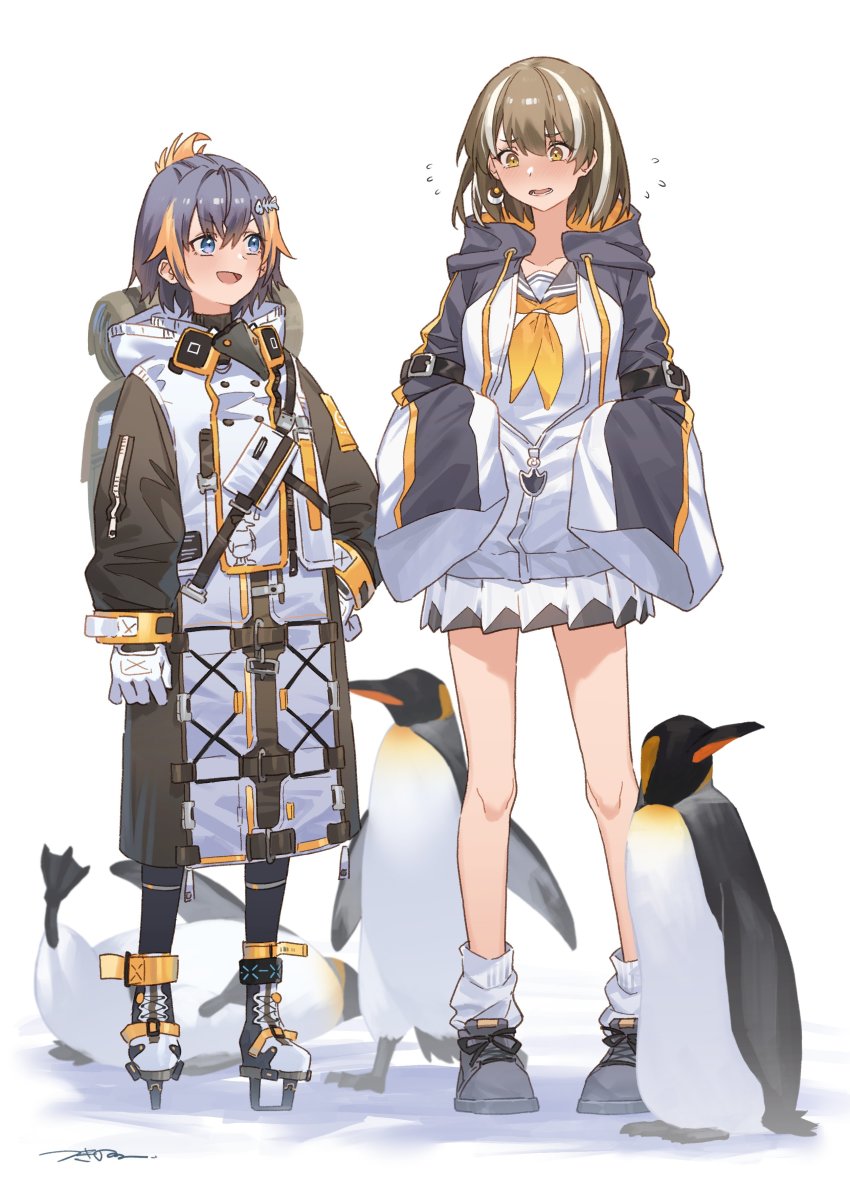 2girls, absurdres, arknights, bird, black_hair, blue_eyes, brown_hair, coat
