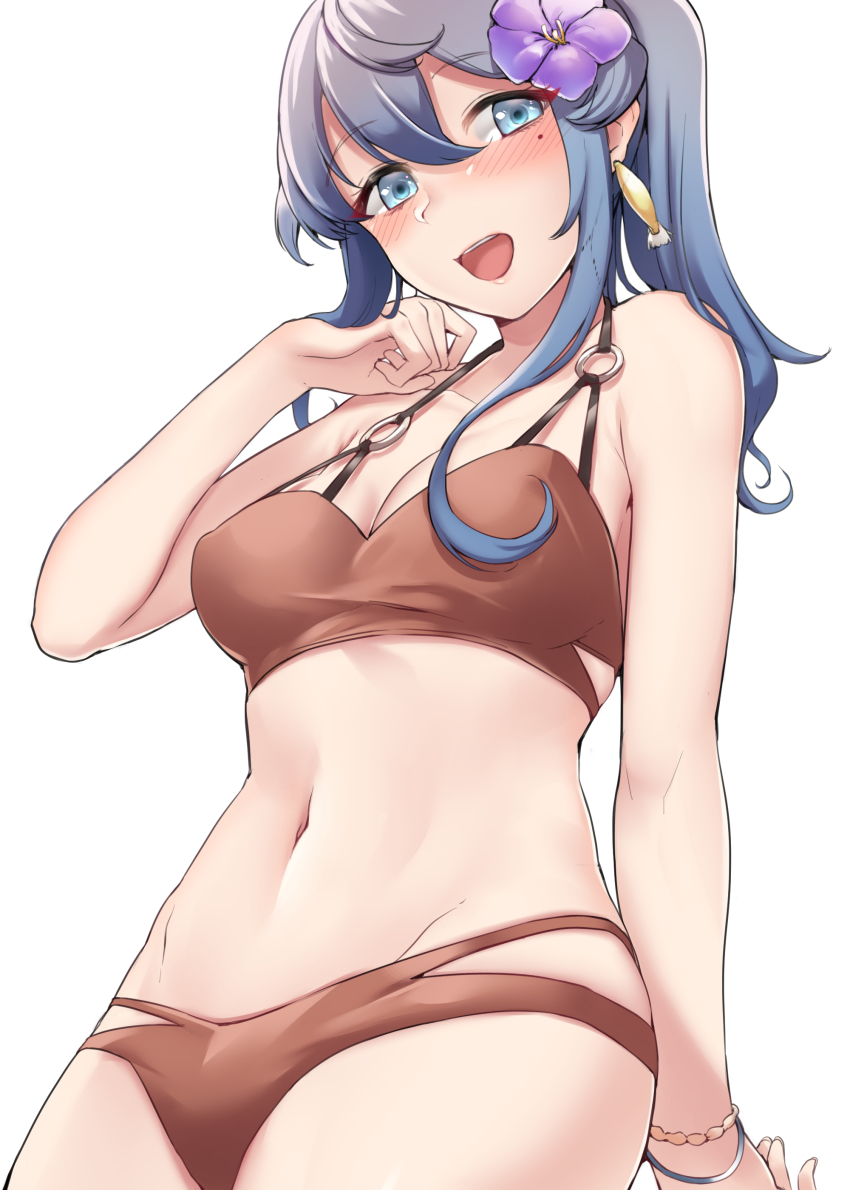 1girl, absurdres, bikini, blue_eyes, blue_hair, blush, breasts, brown_bikini