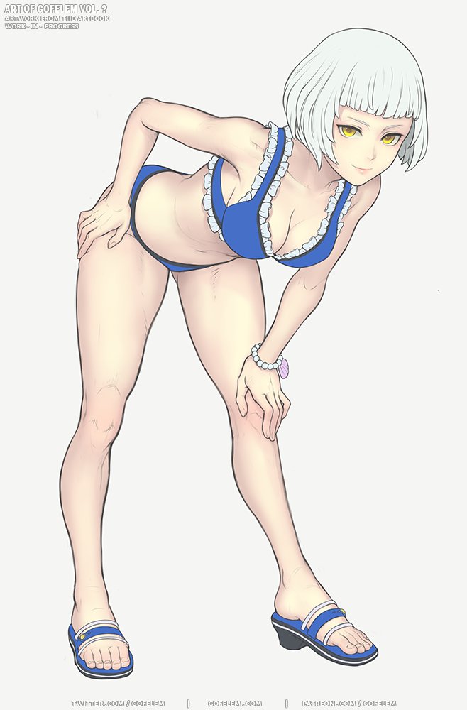1girl, bikini, blonde_hair, breasts, elizabeth_(persona), full_body, gofelem, high_heel_sandals, high_heels, leaning_forward, looking_at_viewer, persona, persona_3, sandals, short_hair, simple_background, smile, solo, swimsuit, velvet_room, white_hair, yellow_eyes