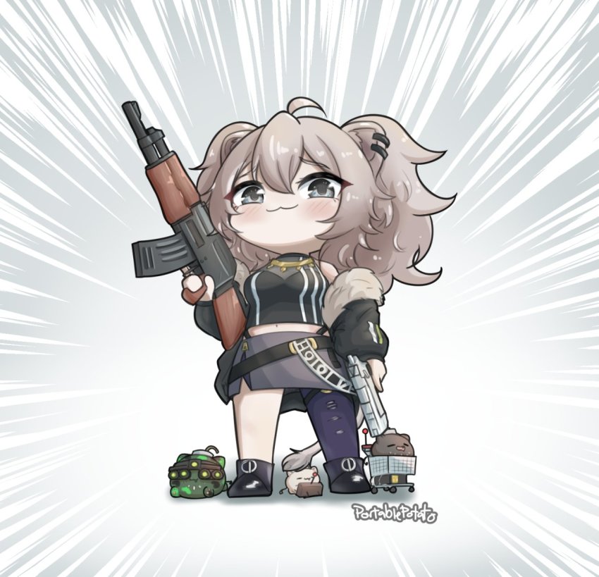 1girl, :3, ak-47, animal_ear_fluff, assault_rifle, belt, black_belt, black_jacket, blush, chibi, ear_piercing, fur_trim, grey_eyes, grey_hair, grey_skirt, gun, halterneck, handgun, highres, holding, holding_gun, holding_weapon, hololive, in_shopping_cart, jacket, kalashnikov_rifle, navel, off_shoulder, piercing, pistol, portablepotato, rifle, shishiro_botan, shishiro_botan_(1st_costume), shopping_cart, single_leg_pantyhose, skirt, smile, smug, solo_focus, ssrb_(shishiro_botan), torn_clothes, torn_legwear, virtual_youtuber, weapon