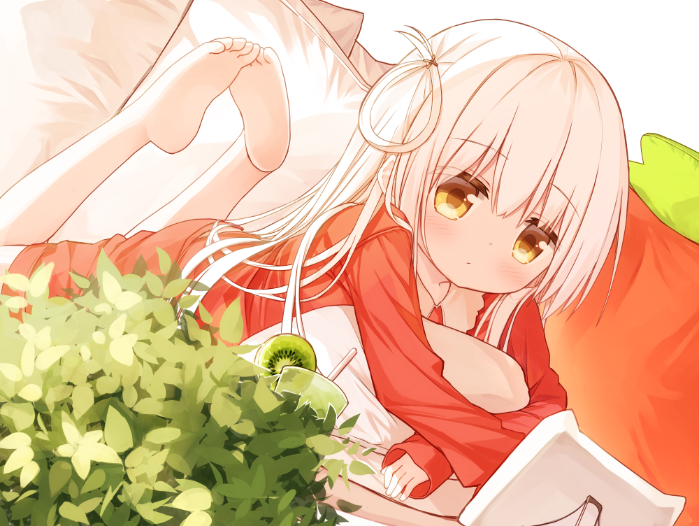 1girl, barefoot, bunny_girl_(yuuhagi_(amaretto-no-natsu)), closed_mouth, cup, drinking_glass, drinking_straw, fruit