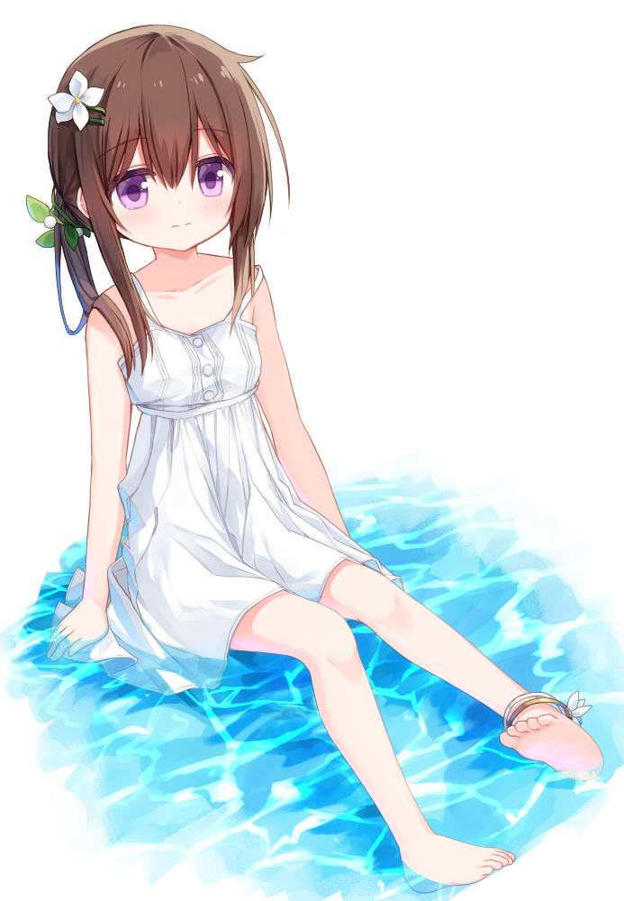 1girl, anklet, bare_arms, bare_shoulders, barefoot, blush, brown_hair, closed_mouth