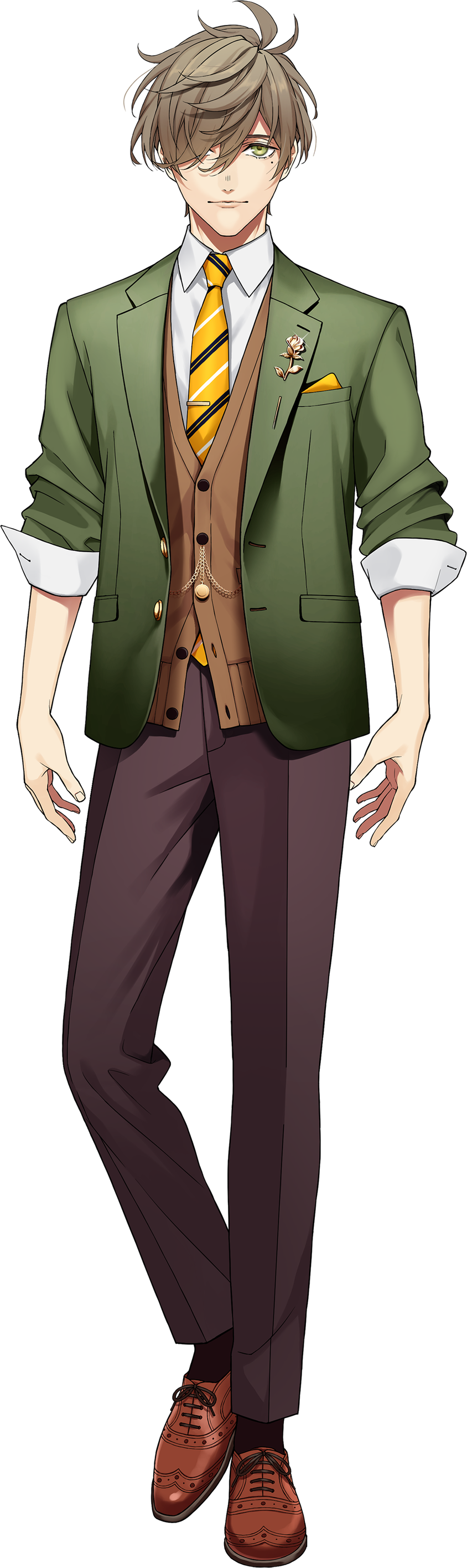 1boy, absurdres, blazer, brown_footwear, brown_pants, brown_vest, collared_shirt, green_eyes