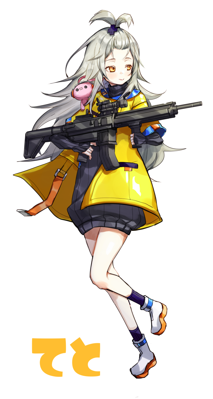 1girl, antenna_hair, gun, highres, jacket, kototsuki_teto, long_hair, mouu_(dsfe8574), open_beta_(vtuber), orange_eyes, silver_hair, smile, virtual_youtuber, wavy_hair, weapon, white_background