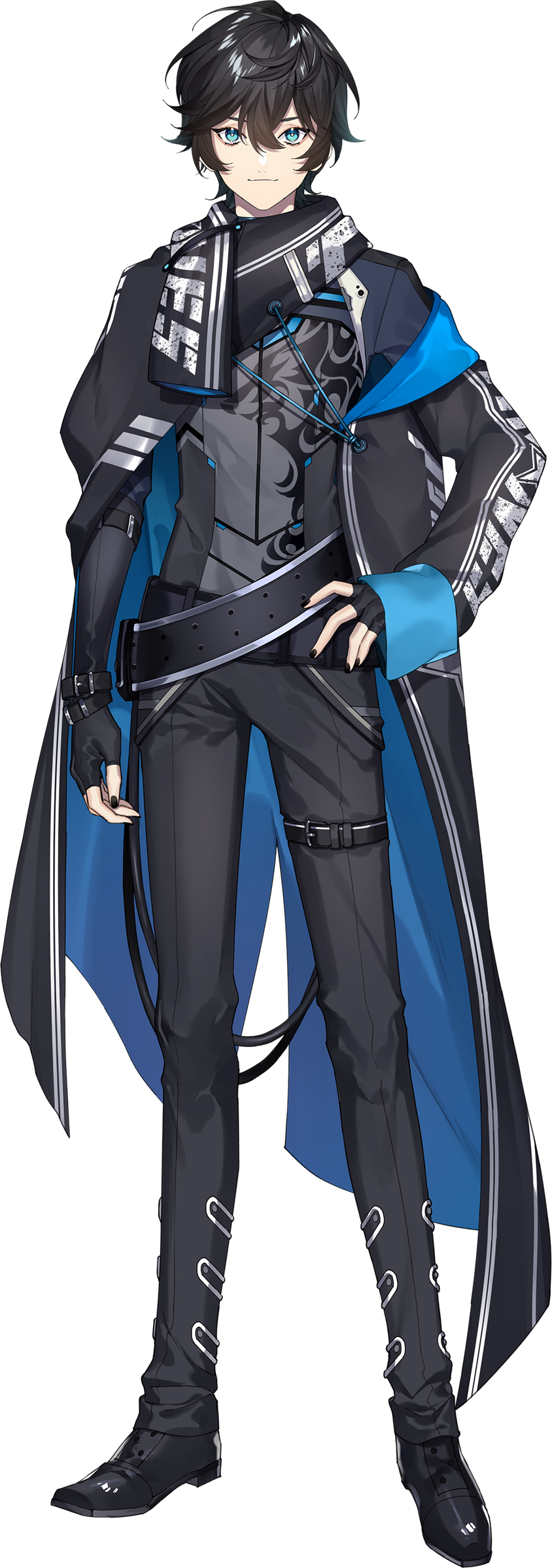 1boy, axia_krone, axia_krone_(1st_costume), black_footwear, black_gloves, black_jacket, black_nails, black_pants, black_scarf, blue_eyes, fingerless_gloves, gloves, hair_between_eyes, hand_on_own_hip, highres, jacket, kurono_yuu, looking_at_viewer, male_focus, nail_polish, nijisanji, official_art, pants, scarf, smile, solo, transparent_background, virtual_youtuber