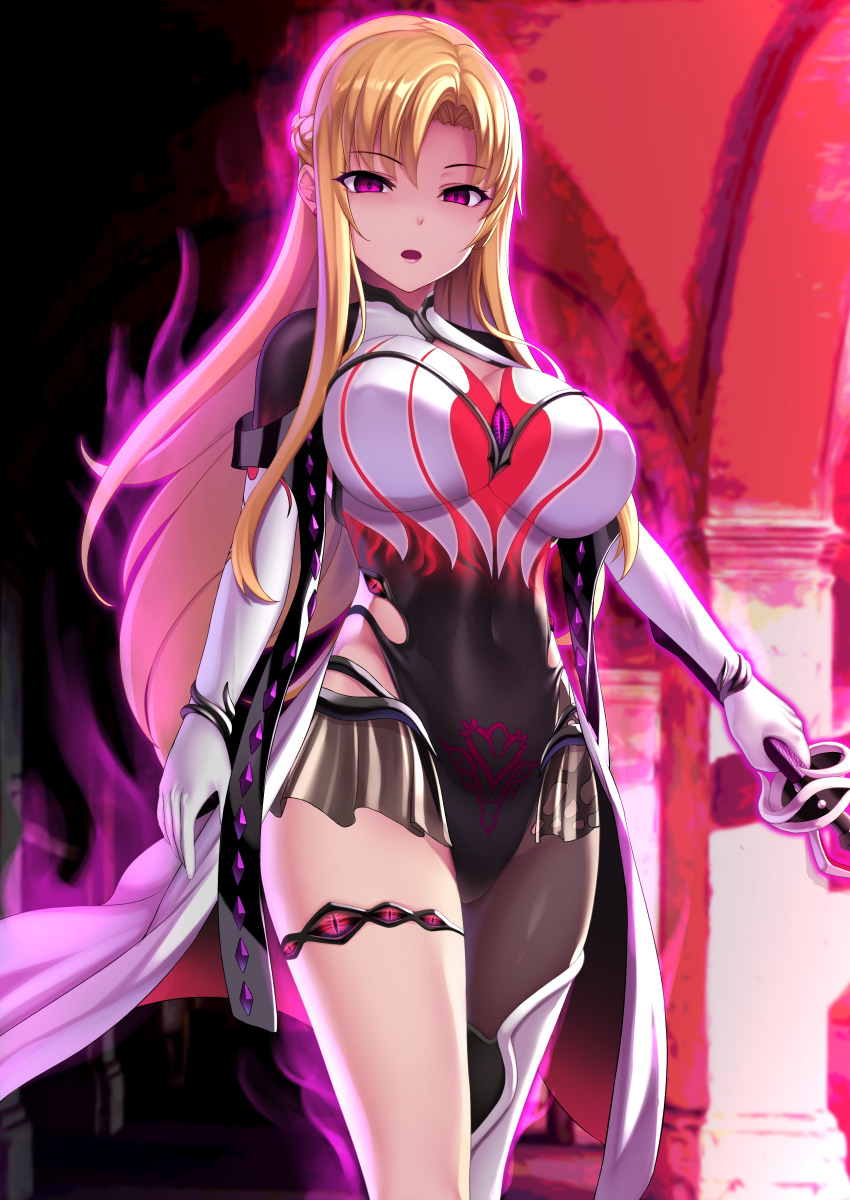 1girl, absurdres, alternate_eye_color, asuna_(sao), blonde_hair, blurry, blurry_background, bodysuit, braid, breasts, cape, commentary_request, corruption, covered_navel, cowboy_shot, dark_persona, elbow_gloves, energy, gloves, hair_ornament, highres, holding, holding_sword, holding_weapon, impossible_clothes, large_breasts, leotard, long_hair, long_sleeves, looking_at_viewer, miyashiro_ryuutarou, open_mouth, parted_bangs, pink_eyes, single_leg_pantyhose, skin_tight, solo, sword, sword_art_online, thigh_strap, weapon, white_cape, white_gloves