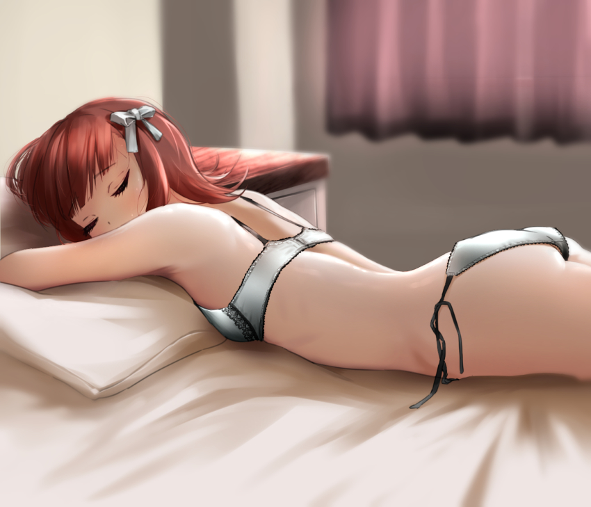 1girl, amami_haruka, ass, bare_arms, bed_sheet, bow, bra, closed_eyes